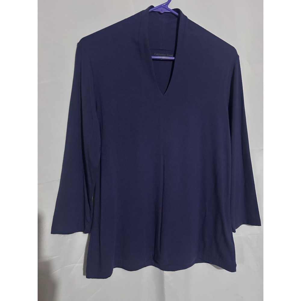 Coldwater Creek Blue Solid Knit V-Neck 3/4 Sleeve Pullover Top Women's M